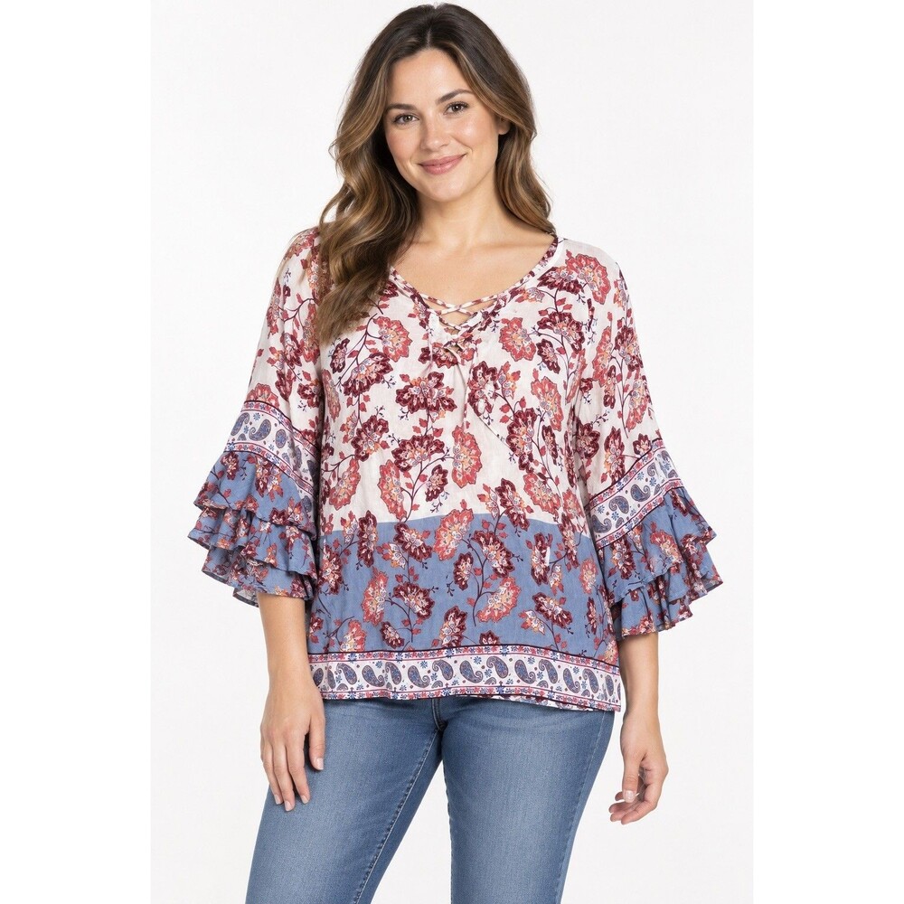 Democracy Women’s L Floral Paisley Boho Blouse Lace-Up Ruffle Bell Sleeve